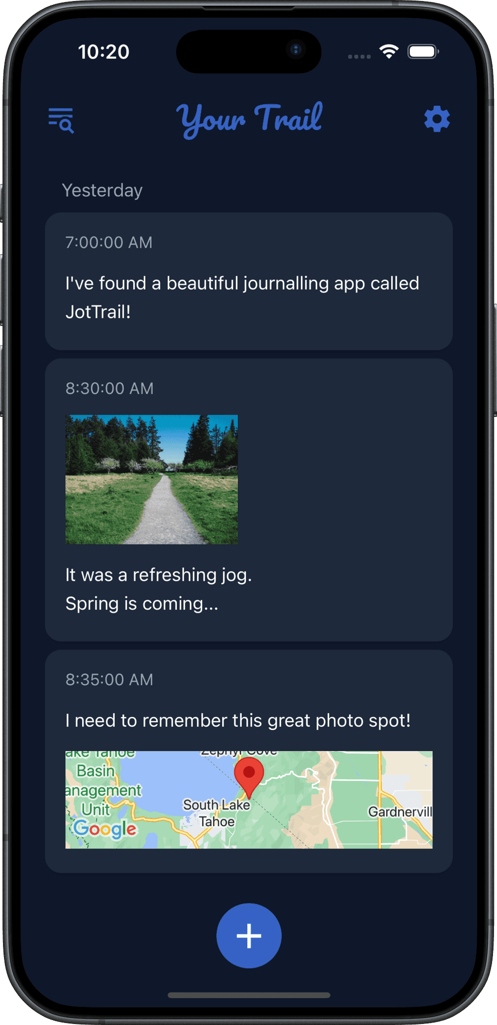 JotTrail app interface